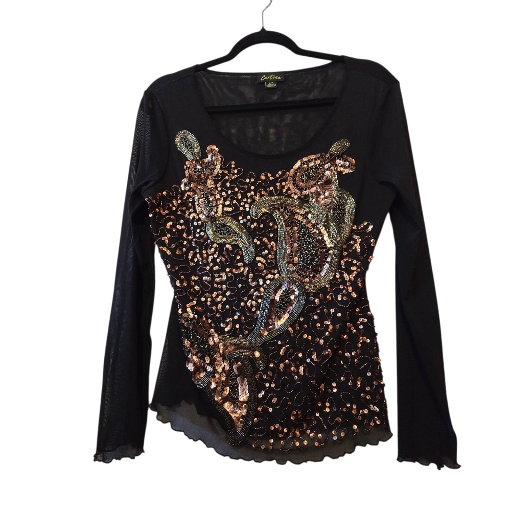 Vintage Y2K Mesh Sequin Beaded Top Blouse Women's LG‎ Black Copper Gold Paisley